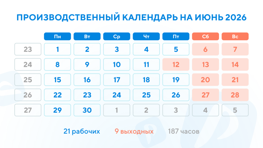Производственный календарь июнь