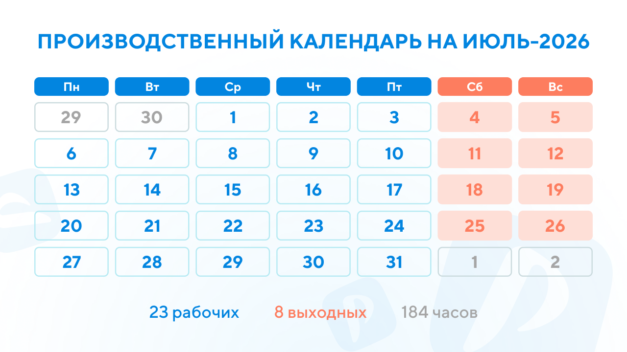 Производственный календарь на июль 2026 года