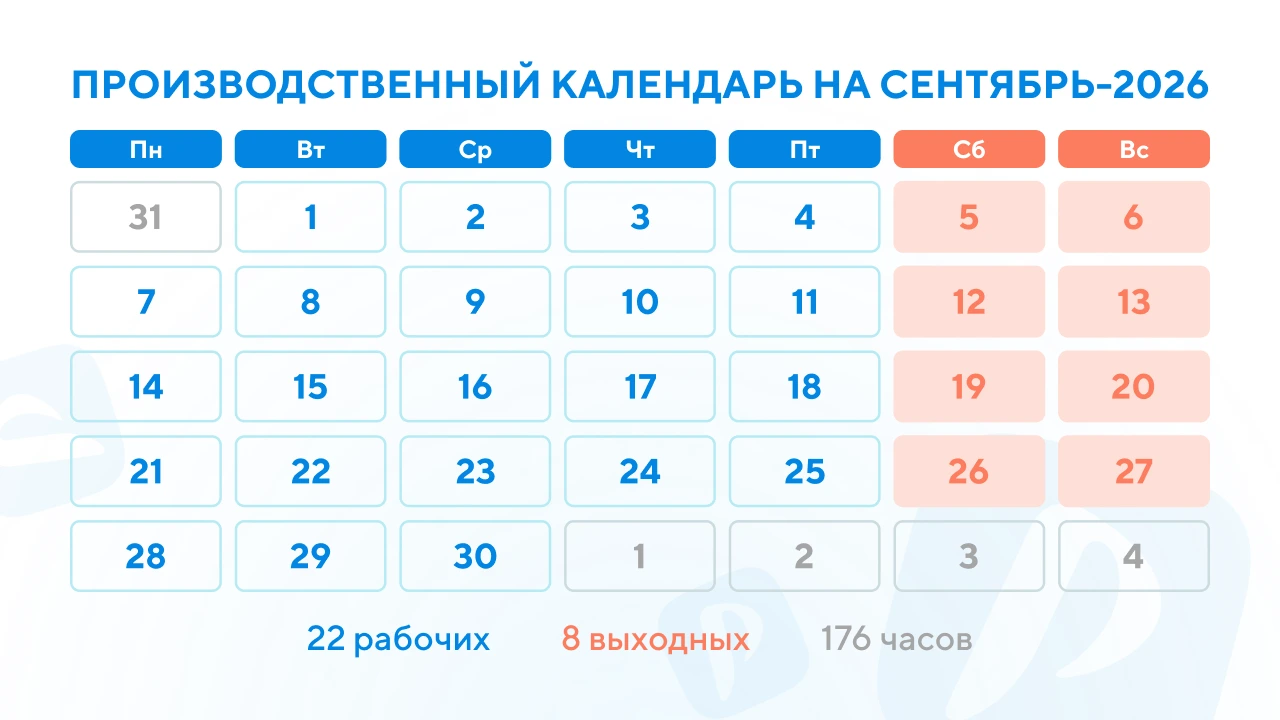 Производственный календарь на сентябрь 2026 года