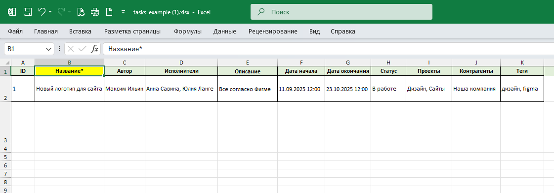 Приведите список ваших задач в соответствие с примером выше. Обязательные атрибуты помечены звездочкой. Если они будут пустыми, то система з