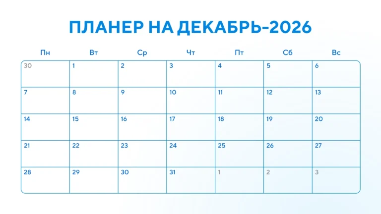 датированный календарь-планер на декабрь 2026 года